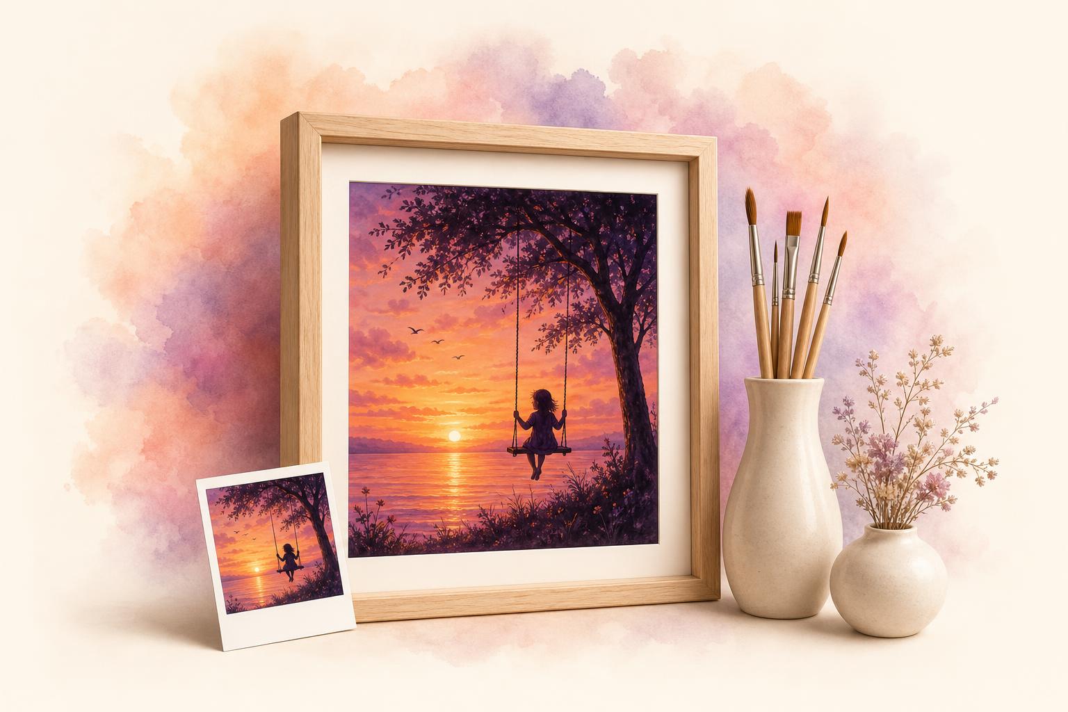 Painted memory of a child on a swing at sunset